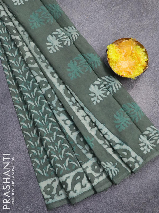 Jaipur cotton saree pastel green with allover prints and printed border - {{ collection.title }} by Prashanti Sarees