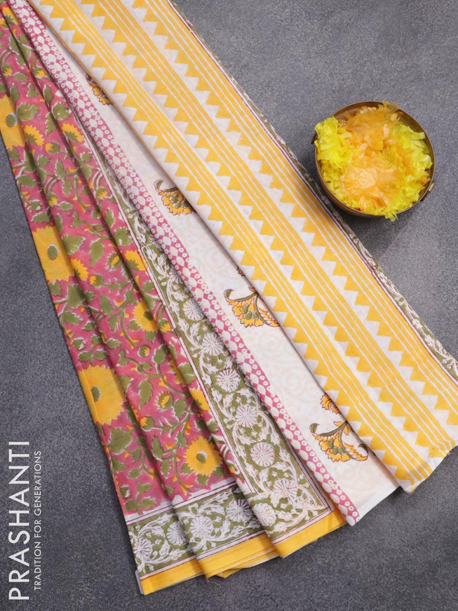 Jaipur cotton saree pink and yellow with allover floral prints and printed border - {{ collection.title }} by Prashanti Sarees