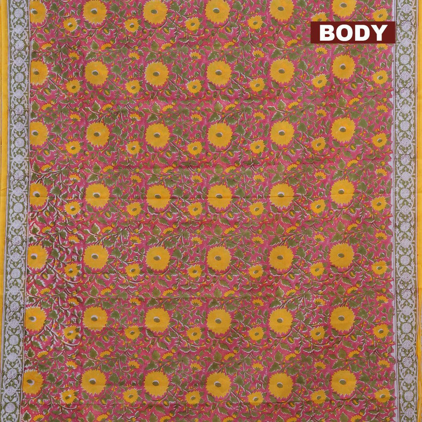Jaipur cotton saree pink and yellow with allover floral prints and printed border - {{ collection.title }} by Prashanti Sarees