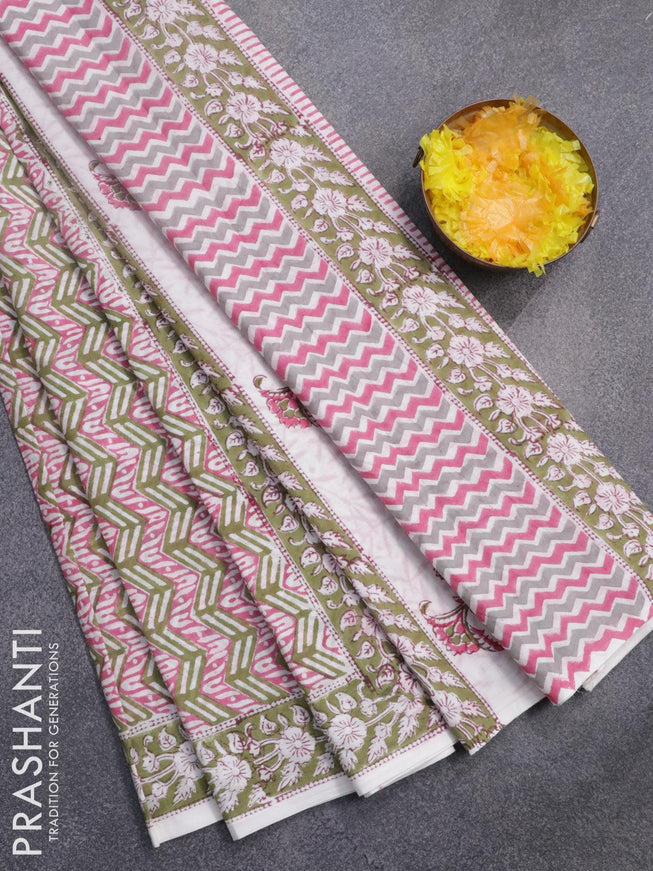 Jaipur cotton saree pink green and green with allover geometric prints and printed border - {{ collection.title }} by Prashanti Sarees