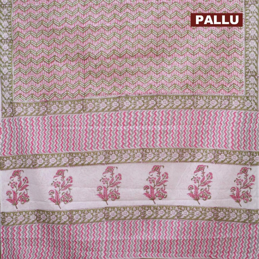 Jaipur cotton saree pink green and green with allover geometric prints and printed border - {{ collection.title }} by Prashanti Sarees