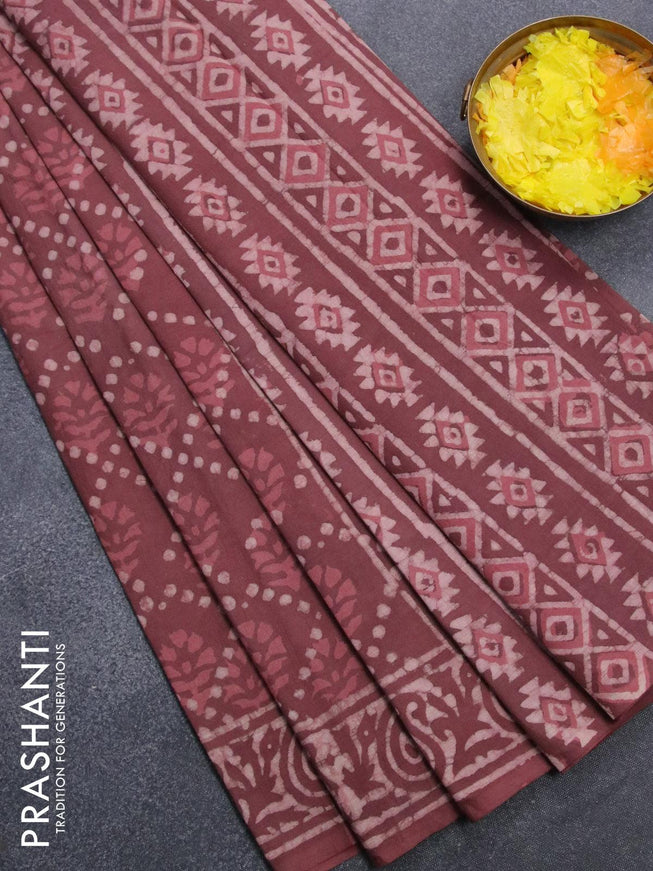 Jaipur cotton saree rosy brown with allover prints and printed border - {{ collection.title }} by Prashanti Sarees