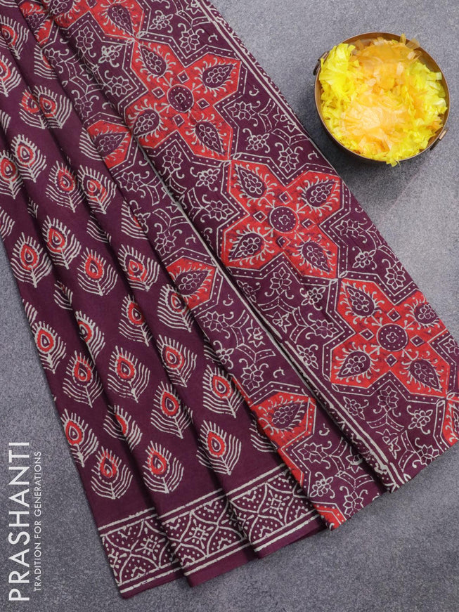 Jaipur cotton saree wine shade with allover butta prints and printed border - {{ collection.title }} by Prashanti Sarees