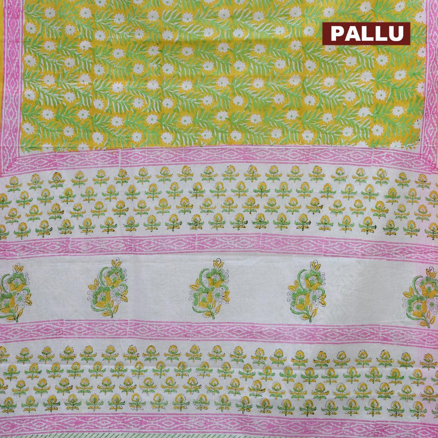 Jaipur cotton saree yellow and off white pink with allover prints and printed border - {{ collection.title }} by Prashanti Sarees