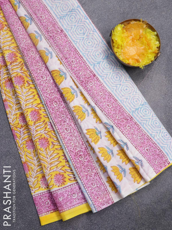 Jaipur cotton saree yellow and pink with allover prints and printed border - {{ collection.title }} by Prashanti Sarees