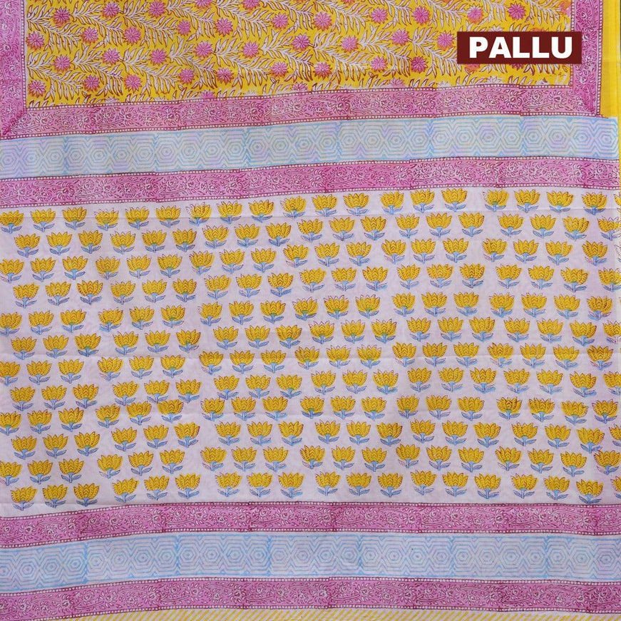 Jaipur cotton saree yellow and pink with allover prints and printed border - {{ collection.title }} by Prashanti Sarees