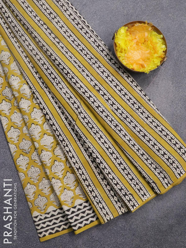 Jaipur cotton saree yellow with floral butta prints and printed border - {{ collection.title }} by Prashanti Sarees