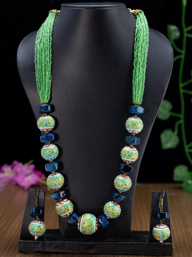 Jaipur crystal beaded light green necklace with minakari balls - {{ collection.title }} by Prashanti Sarees