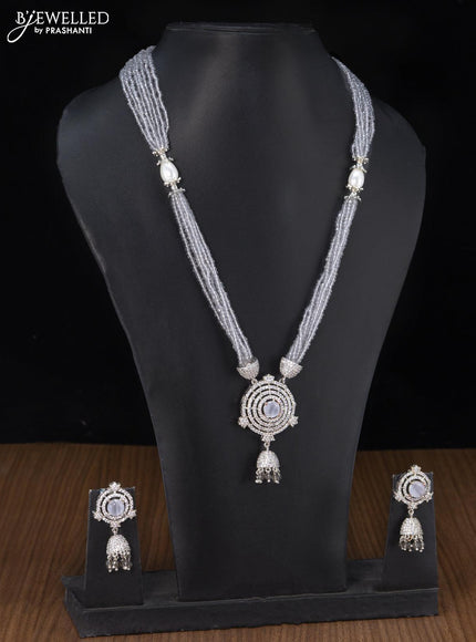 Jaipur crystal beaded multilayer grey haaram with cz stones pendant - {{ collection.title }} by Prashanti Sarees