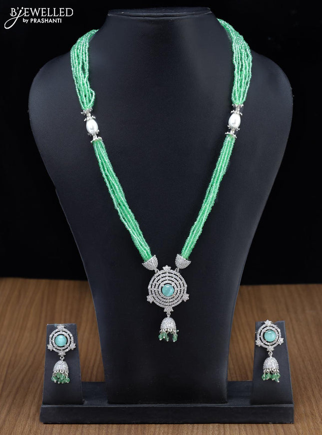 Jaipur crystal beaded multilayer light green haaram with cz stones pendant - {{ collection.title }} by Prashanti Sarees