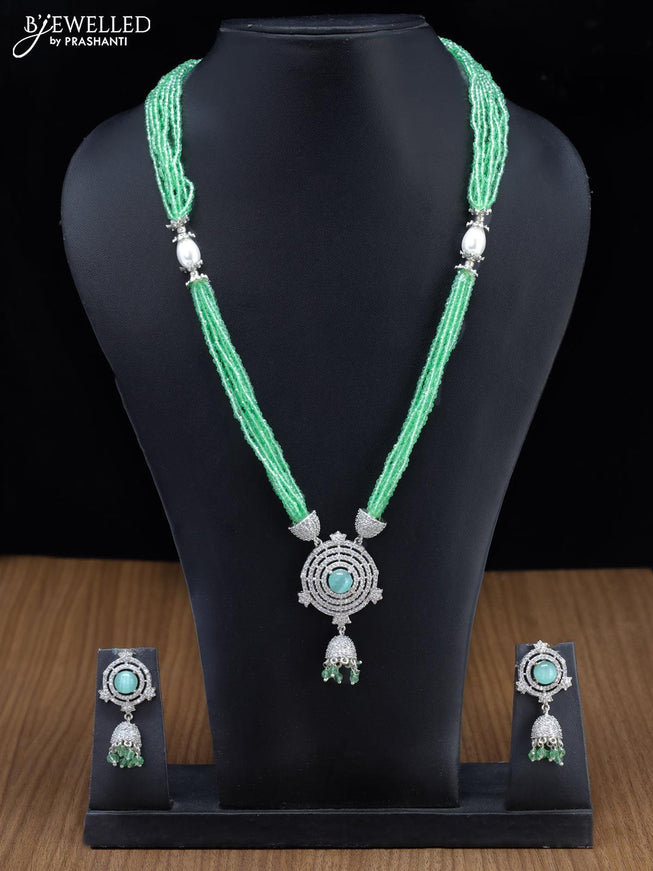 Jaipur crystal beaded multilayer light green haaram with cz stones pendant - {{ collection.title }} by Prashanti Sarees