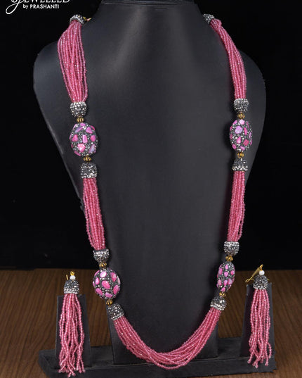 Jaipur crystal beaded pink haaram with stones pendant - {{ collection.title }} by Prashanti Sarees