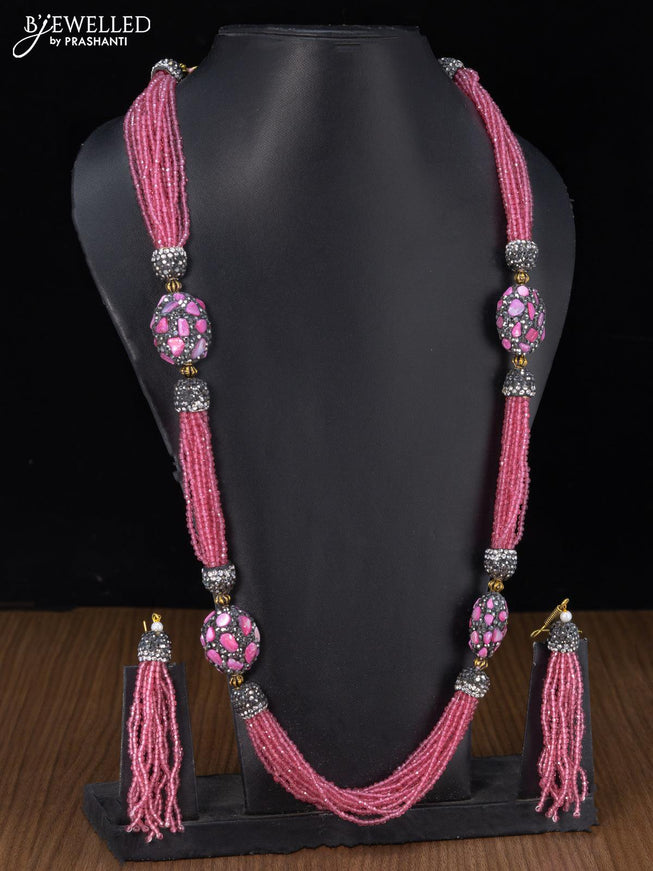 Jaipur crystal beaded pink haaram with stones pendant - {{ collection.title }} by Prashanti Sarees