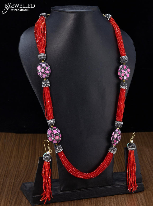 Jaipur crystal beaded red haaram with stones pendant - {{ collection.title }} by Prashanti Sarees