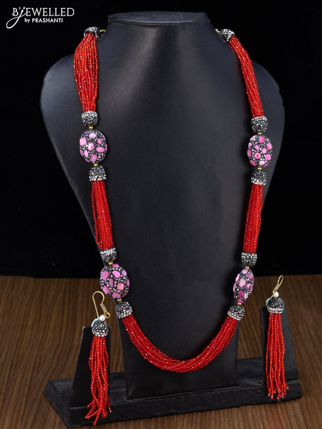 Jaipur crystal beaded red haaram with stones pendant - {{ collection.title }} by Prashanti Sarees