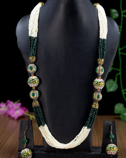 Jaipur dark green crystal and pearls necklace with minakari balls - {{ collection.title }} by Prashanti Sarees