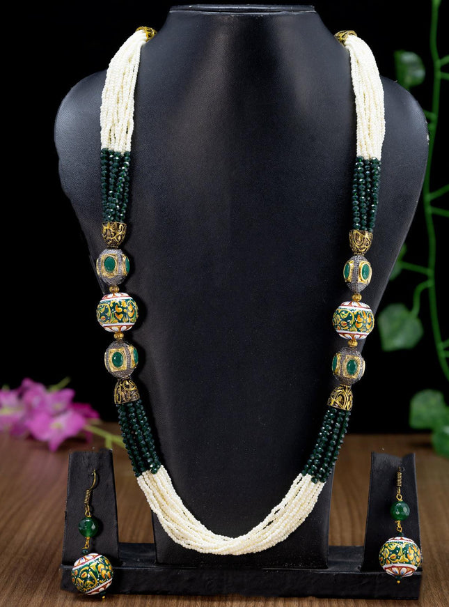 Jaipur dark green crystal and pearls necklace with minakari balls - {{ collection.title }} by Prashanti Sarees