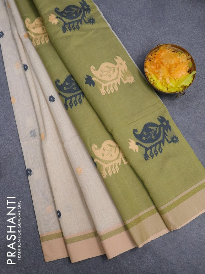 Jamdhani cotton saree cream and elaichi green with thread woven buttas and contrast border - {{ collection.title }} by Prashanti Sarees