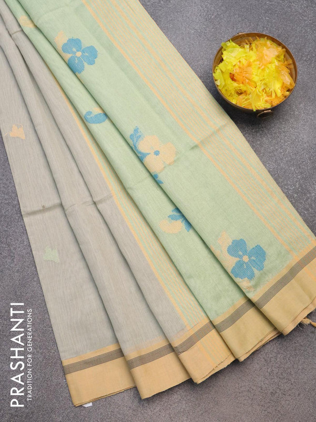 Jamdhani cotton saree grey shade and green shade with thread woven buttas and contrast border - {{ collection.title }} by Prashanti Sarees