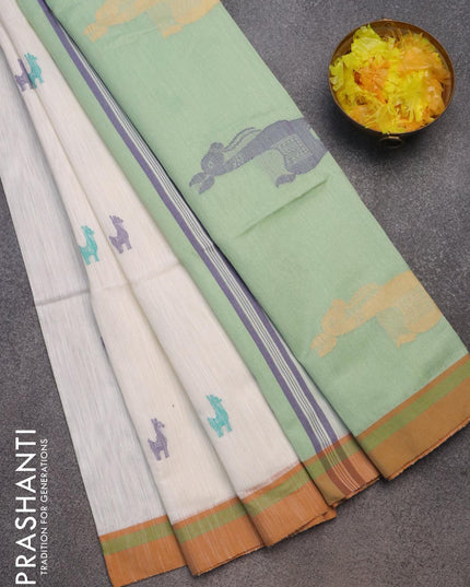 Jamdhani cotton saree off white and pastel green with thread woven buttas and contrast border - {{ collection.title }} by Prashanti Sarees