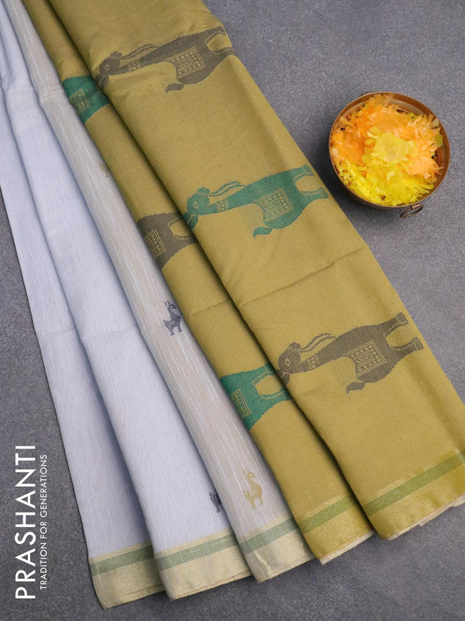 Jamdhani cotton saree pastel blue and mehendi green with thread woven buttas and contrast border - {{ collection.title }} by Prashanti Sarees