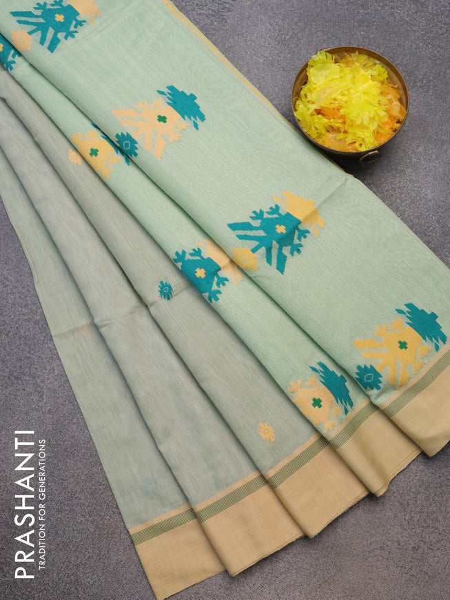 Jamdhani cotton saree pastel grey and pastel green shade with thread woven buttas and contrast border - {{ collection.title }} by Prashanti Sarees