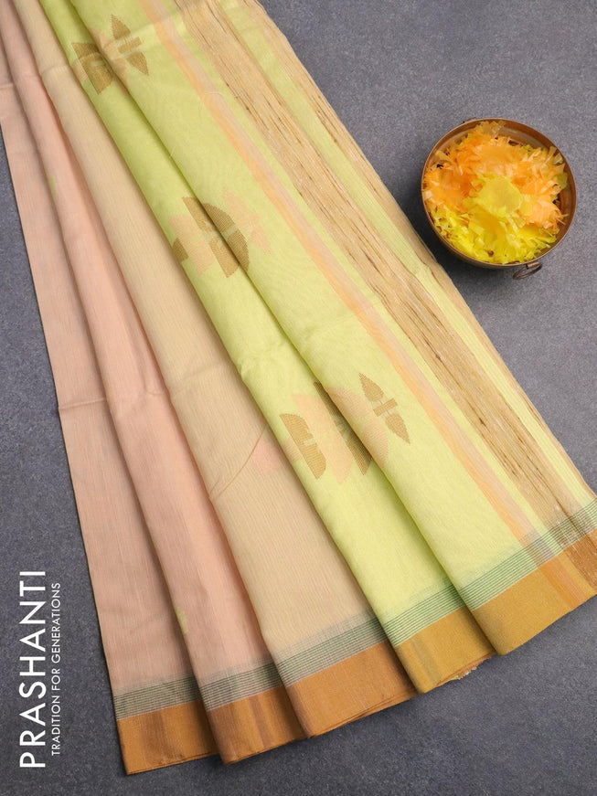 Jamdhani cotton saree sandal and lime yellow with thread woven buttas and contrast border - {{ collection.title }} by Prashanti Sarees
