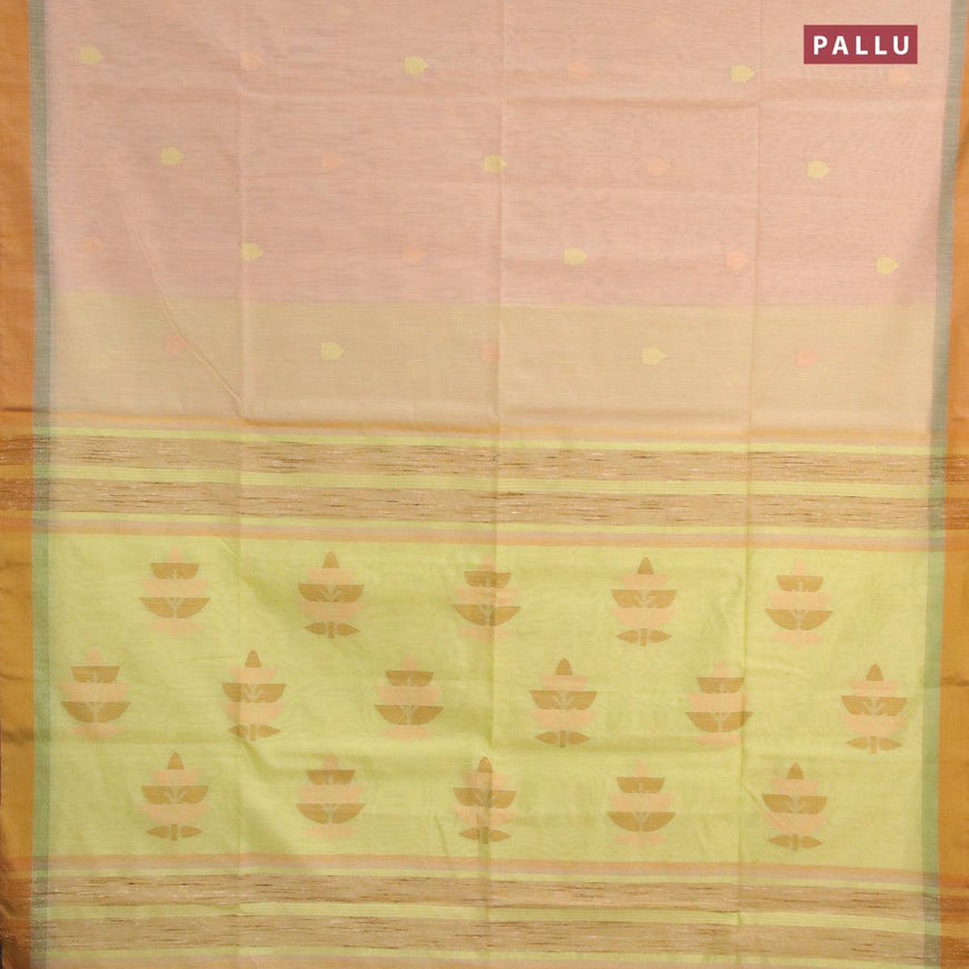 Jamdhani cotton saree sandal and lime yellow with thread woven buttas and contrast border - {{ collection.title }} by Prashanti Sarees