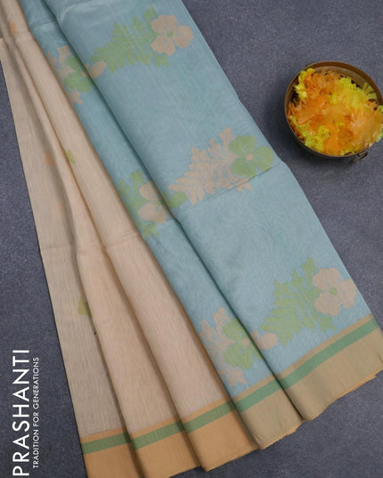 Jamdhani cotton saree sandal and pastel blue shade with thread woven buttas and contrast border - {{ collection.title }} by Prashanti Sarees