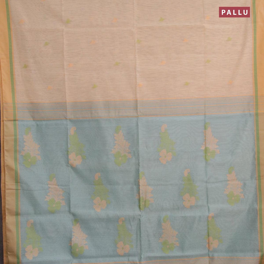 Jamdhani cotton saree sandal and pastel blue shade with thread woven buttas and contrast border - {{ collection.title }} by Prashanti Sarees