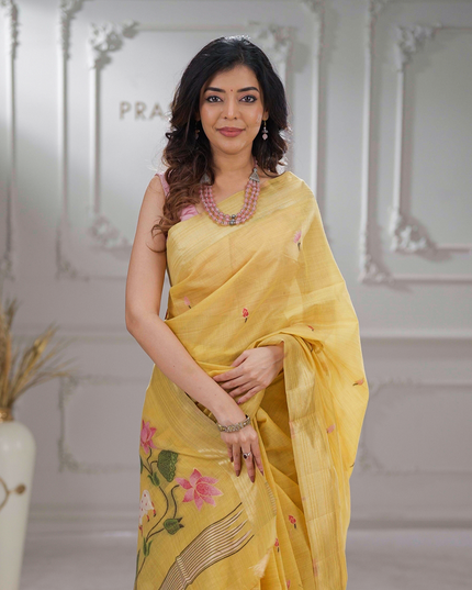 Jamdhani cotton saree yellow and light green with thread & zari woven buttas and pichwai pallu