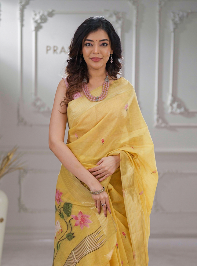 Jamdhani cotton saree yellow and light green with thread & zari woven buttas and pichwai pallu