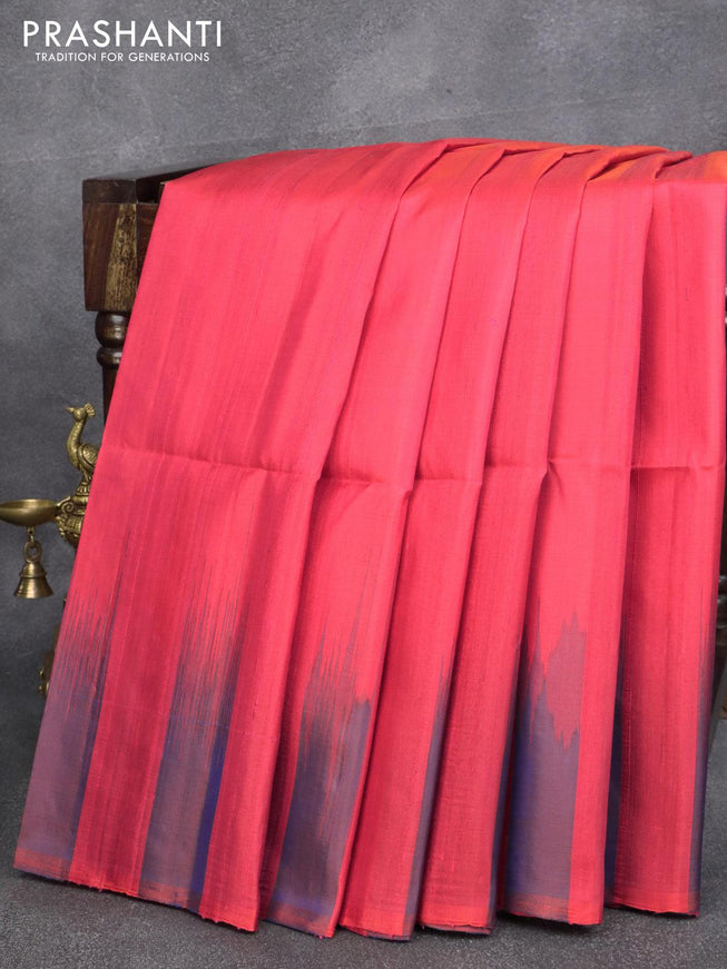 Jute silk saree dual shade of pinkish orange and dual shade of blue with zari less style and temple woven border - {{ collection.title }} by Prashanti Sarees
