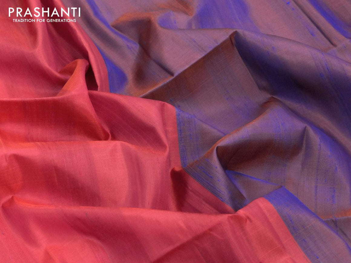 Jute silk saree dual shade of pinkish orange and dual shade of blue with zari less style and temple woven border - {{ collection.title }} by Prashanti Sarees