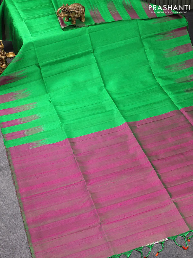 Jute silk saree green and dual shade of greenish purple with zari less style and temple woven border - {{ collection.title }} by Prashanti Sarees
