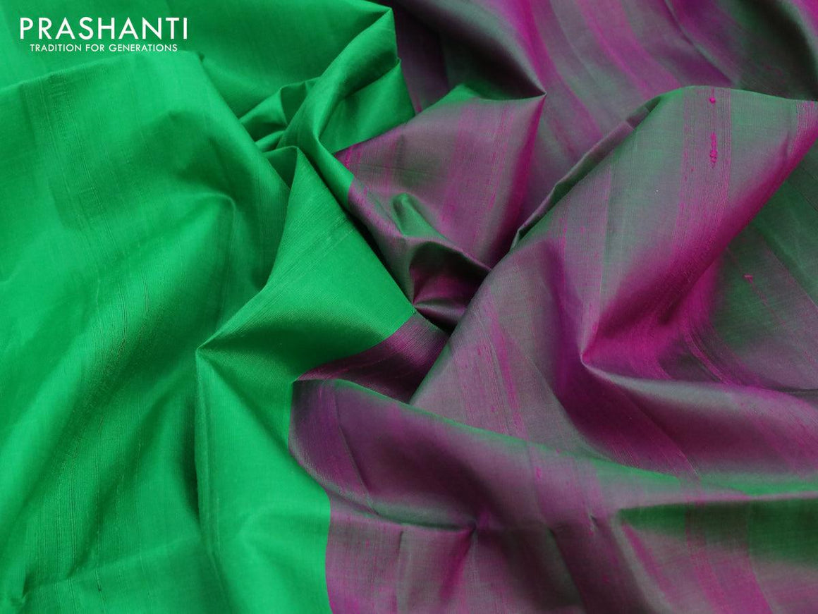 Jute silk saree green and dual shade of greenish purple with zari less style and temple woven border - {{ collection.title }} by Prashanti Sarees