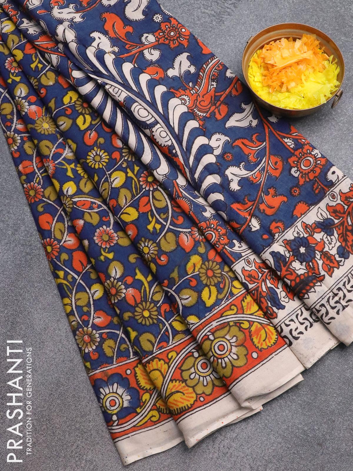 Silk cotton saree pale yellow and pink with allover kalamkari prints a – Prashanti  Sarees