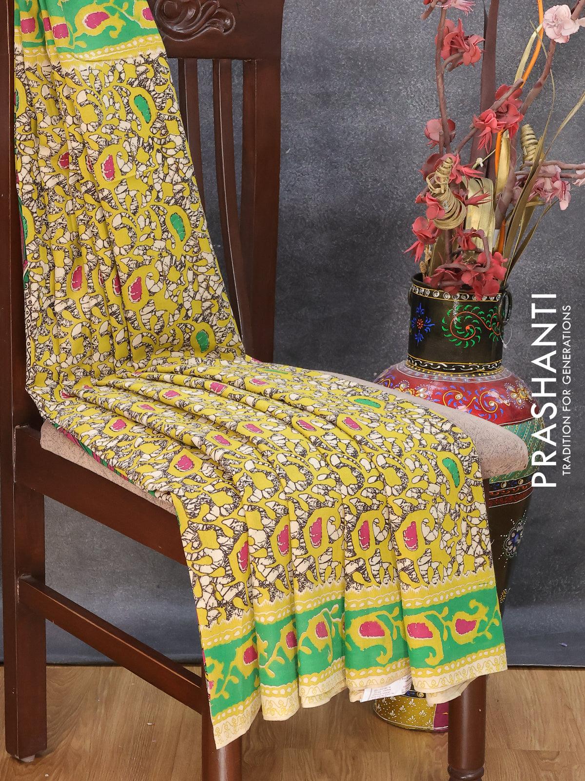 Kalamkari semi silk saree green shade and yellow with allover prints a –  Cherrypick