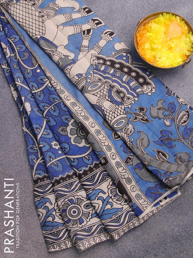 Kalamkari semi silk saree blue and beige with allover prints and printed border - {{ collection.title }} by Prashanti Sarees