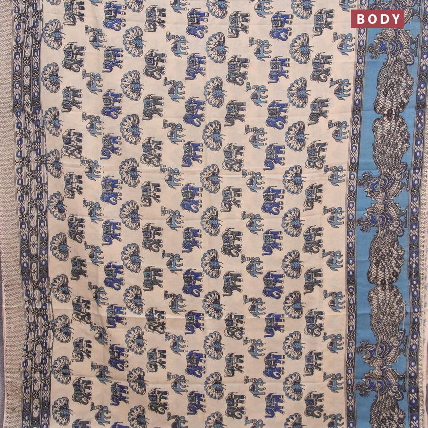 Kalamkari semi silk saree cream and blue shade with allover butta prints and printed border - {{ collection.title }} by Prashanti Sarees