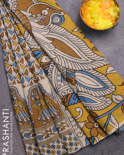 Kalamkari semi silk saree cream and dark mustard with allover geometric prints and printed border - {{ collection.title }} by Prashanti Sarees