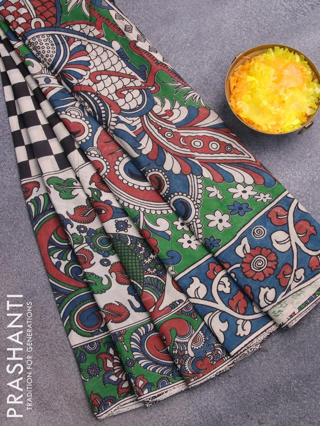 Kalamkari semi silk saree cream and green with allover prints and printed border - {{ collection.title }} by Prashanti Sarees