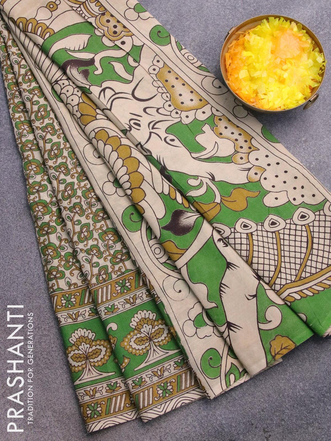 Kalamkari semi silk saree cream and light green with allover prints and printed border - {{ collection.title }} by Prashanti Sarees