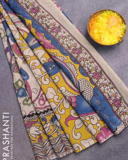 Kalamkari semi silk saree cream and yellow with allover prints and printed border - {{ collection.title }} by Prashanti Sarees