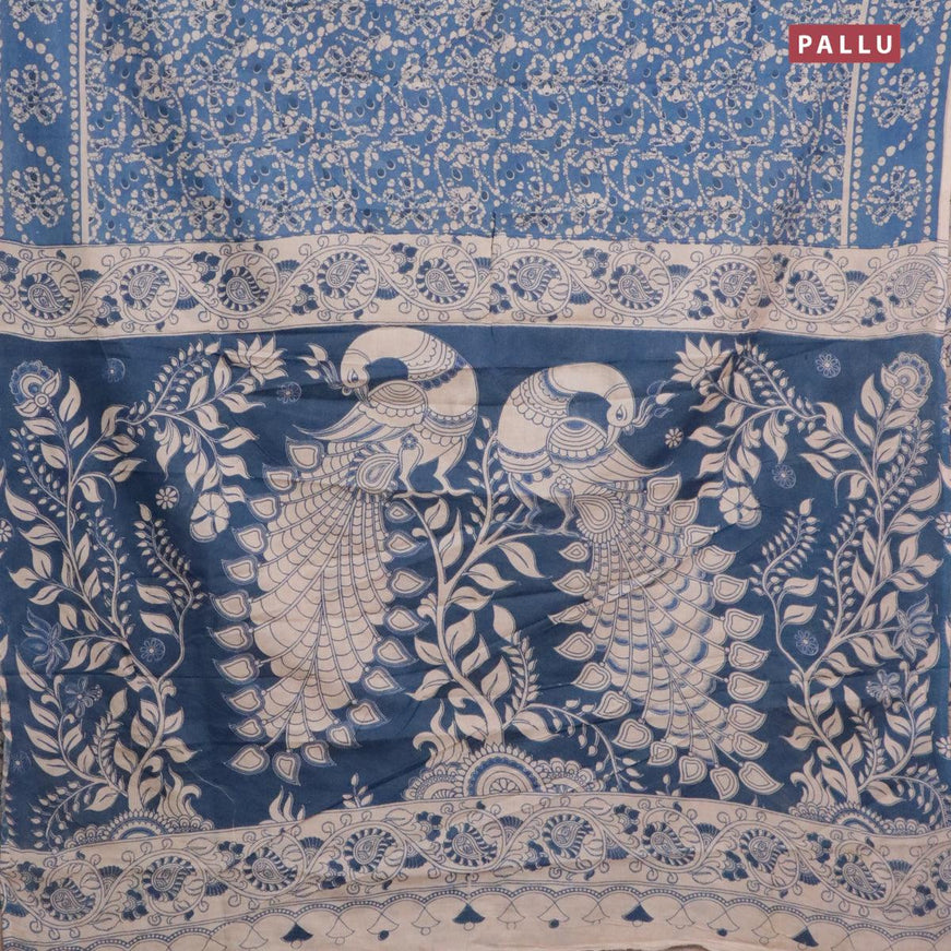 Kalamkari semi silk saree cs blue and beige with allover batik prints and printed border - {{ collection.title }} by Prashanti Sarees