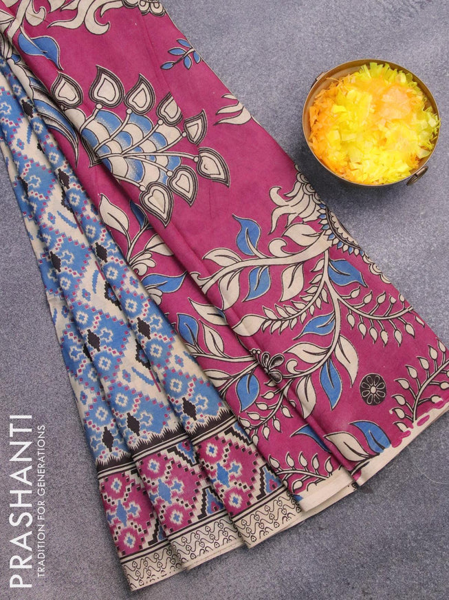 Kalamkari semi silk saree cs blue and magenta pink with allover ikat prints and printed border - {{ collection.title }} by Prashanti Sarees