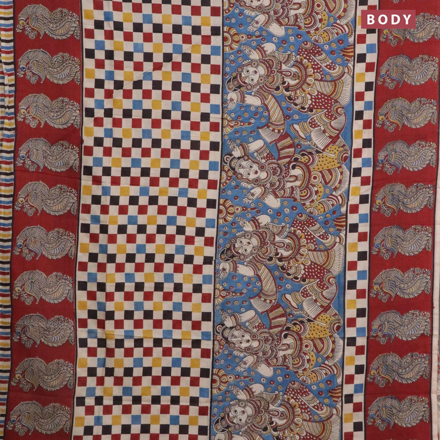 Kalamkari semi silk saree cs blue and maroon with allover prints and printed border - {{ collection.title }} by Prashanti Sarees