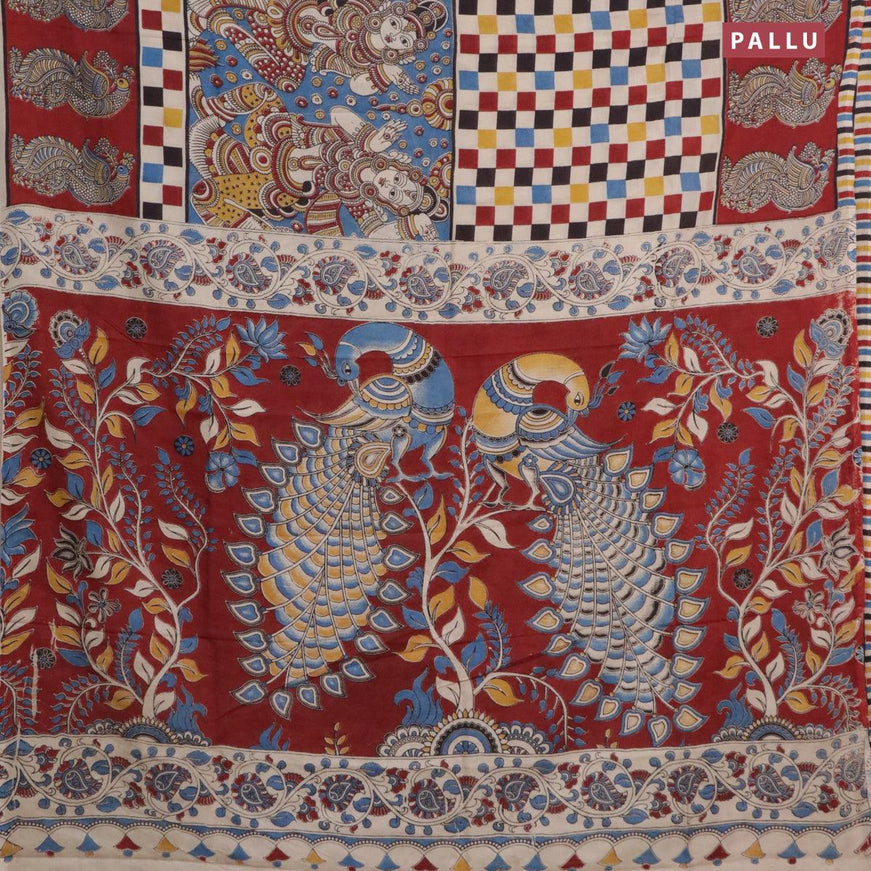 Kalamkari semi silk saree cs blue and maroon with allover prints and printed border - {{ collection.title }} by Prashanti Sarees