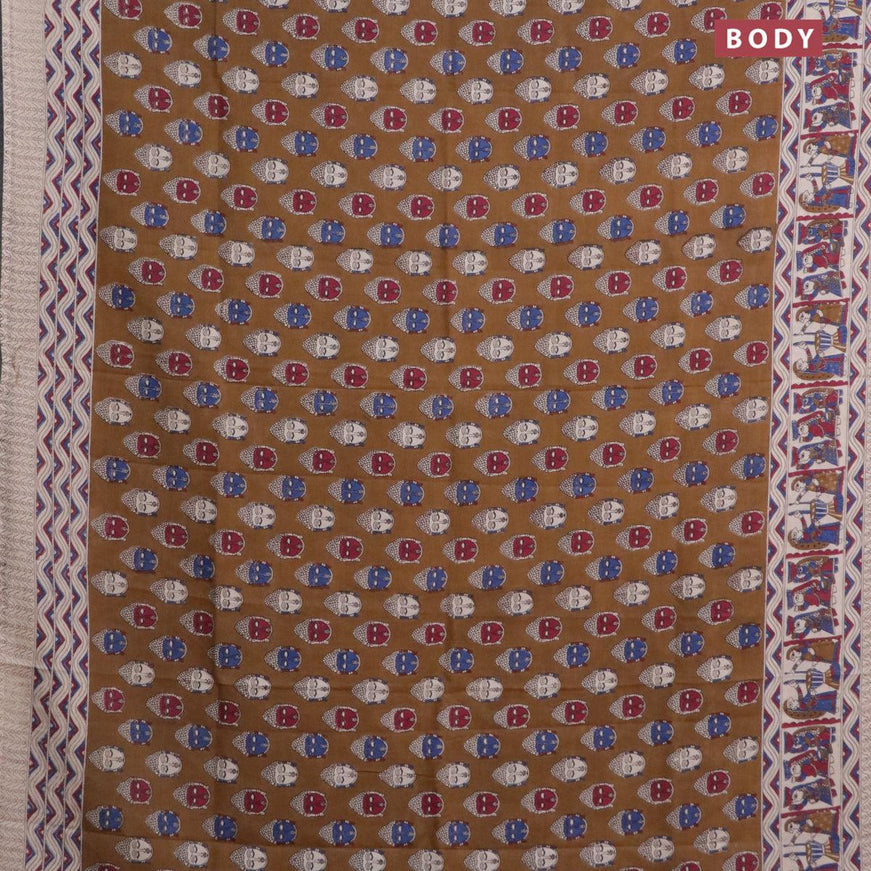 Kalamkari semi silk saree dark mustard and beige with buddha butta prints and printed border - {{ collection.title }} by Prashanti Sarees