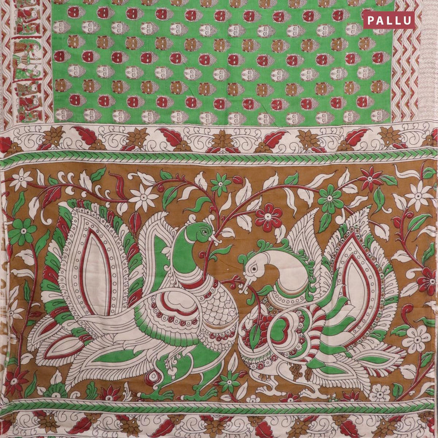 Kalamkari semi silk saree green and beige with buddha butta prints and printed border - {{ collection.title }} by Prashanti Sarees